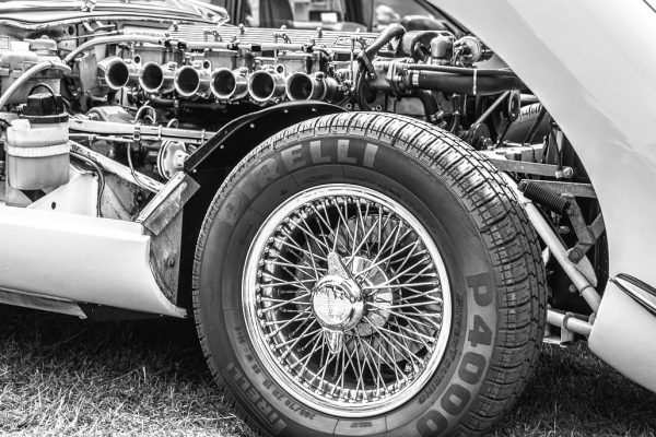 A black and white image of a classic car engine in the Automotive Industry.