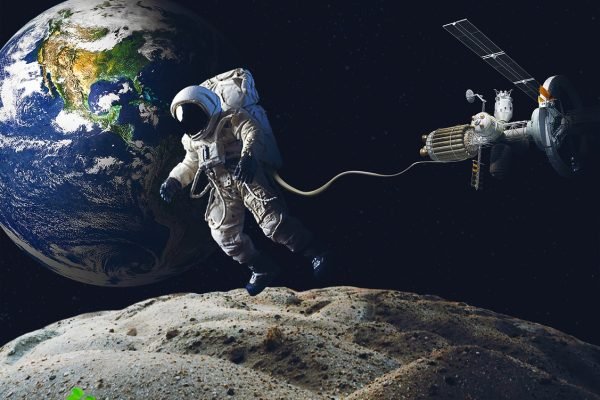 An astronaut stands on a sand dune near Earth, exploring the vast landscape.